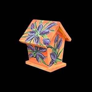 Hand-Painted by seller.  Birdhouse with Purple Flowers.